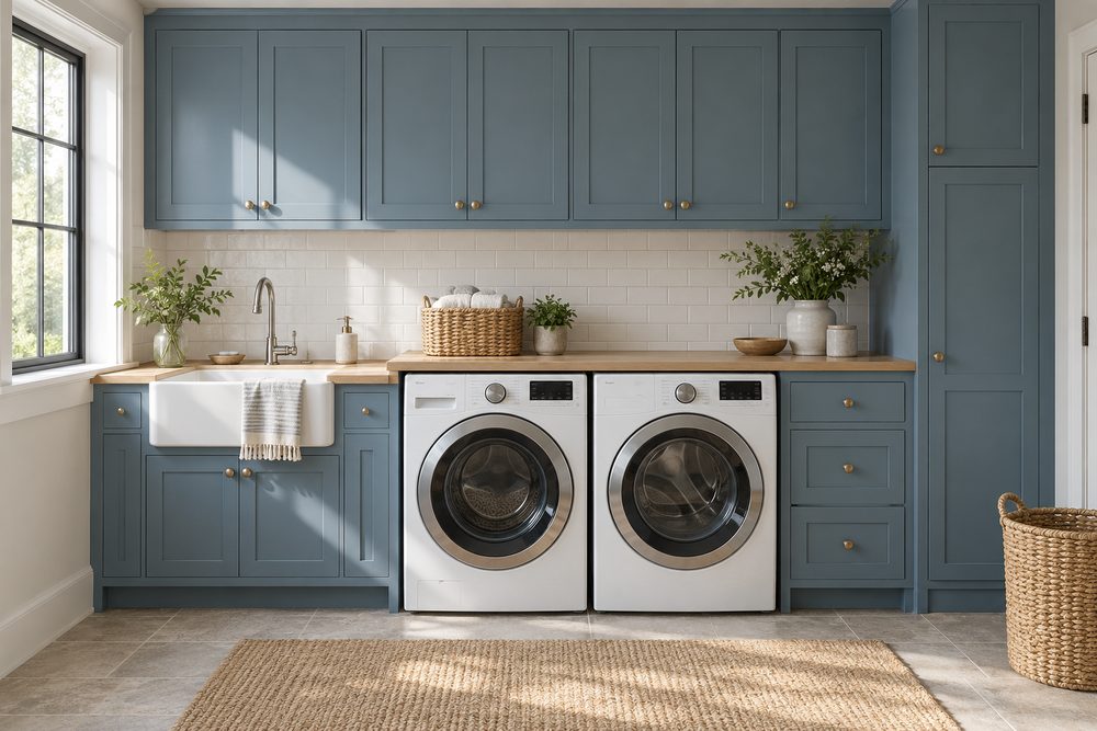 Laundry room with blue custom cabinets, a utility sink and a washer and dryer under an oak counter