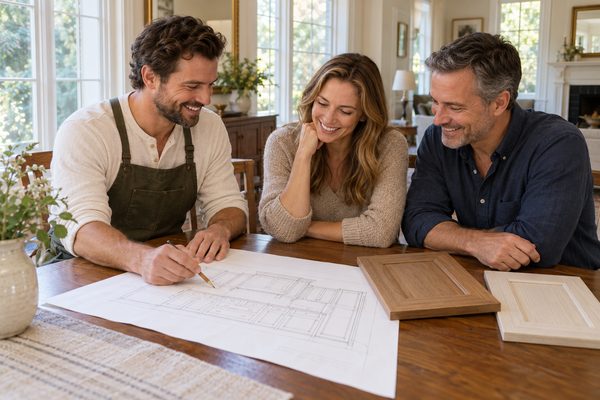 Cabinet designer going over a pencil cabinet drawing and door samples with a smiling homeowner couple