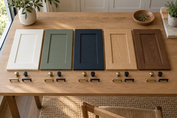 Painted and stained shaker door samples with knob options laid out on an oak table
