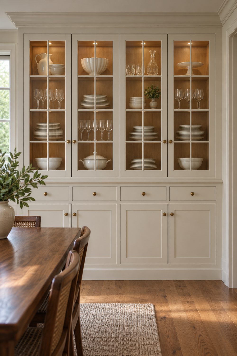 Cream built-in china cabinet with divided-light glass doors and lit shelves of white dishes