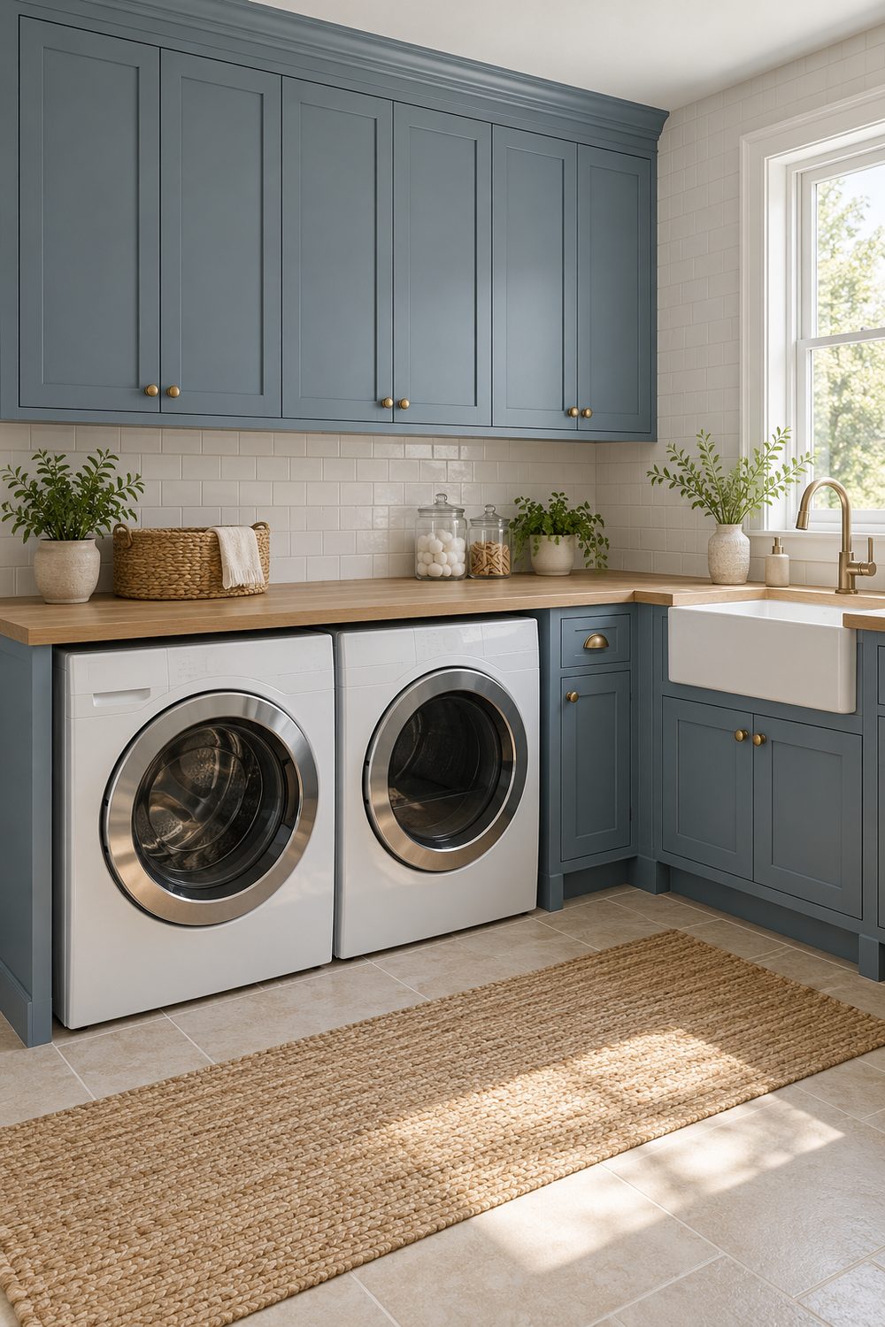 Laundry room with dusty blue custom cabinets above a washer and dryer under a white oak counter
