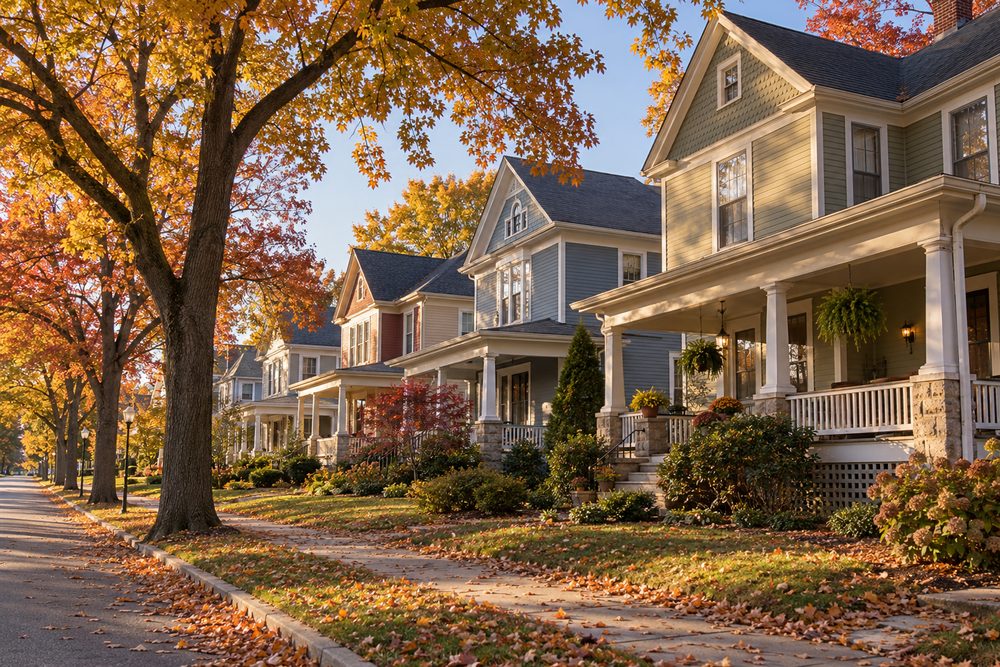 Tree-lined street of early-1900s frame houses with deep front porches in autumn