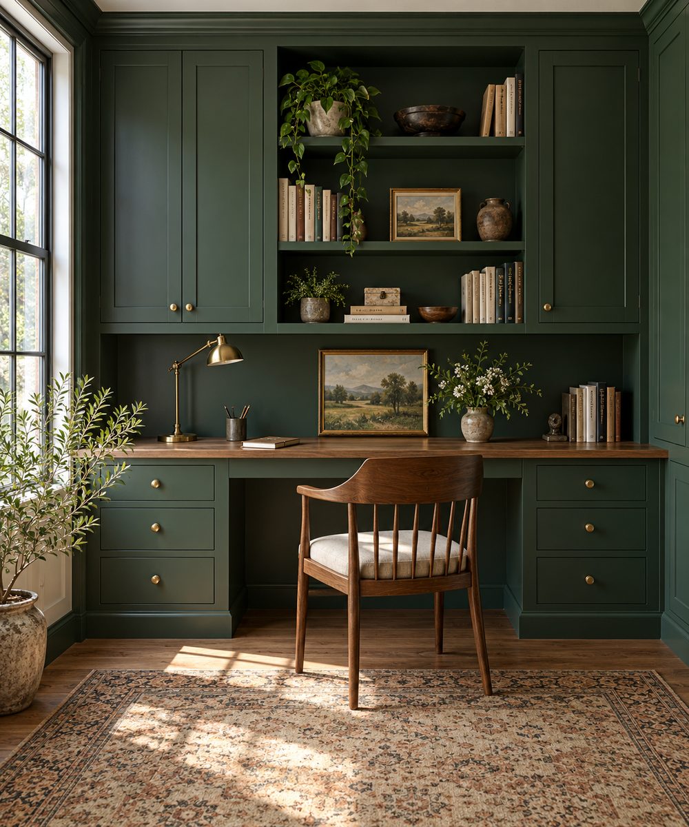 Home office with a forest green built-in desk, wall cabinets and bookshelves