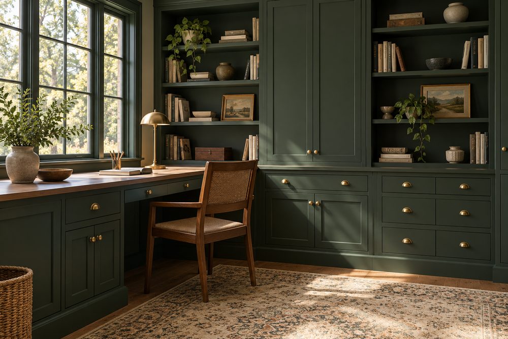 Forest green built-in office wall with a desk, cabinets and shelves by tall windows