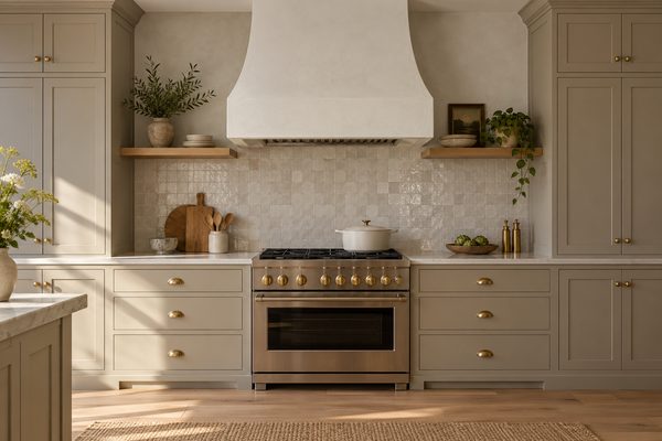 Greige inset kitchen with a white plaster range hood and zellige tile