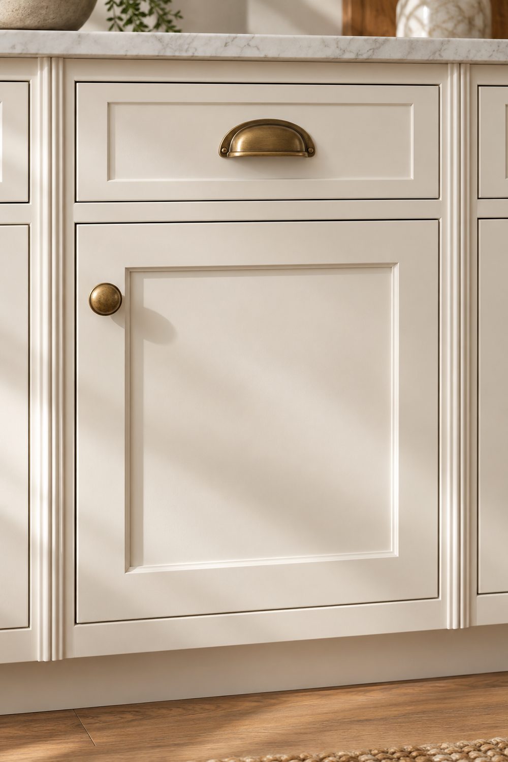 Close-up of a painted inset cabinet door and drawer with an aged brass knob and cup pull