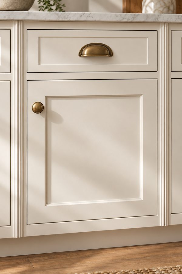 Close-up of a painted inset cabinet door and drawer with an aged brass knob and cup pull