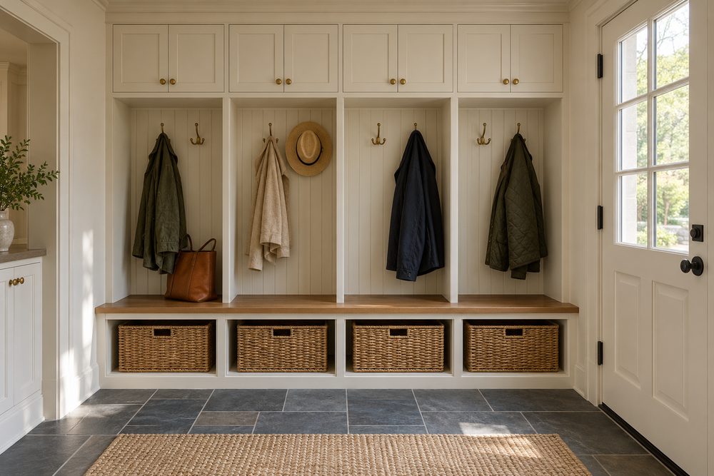 Mudroom with painted lockers, a bench seat with baskets and a slate tile floor