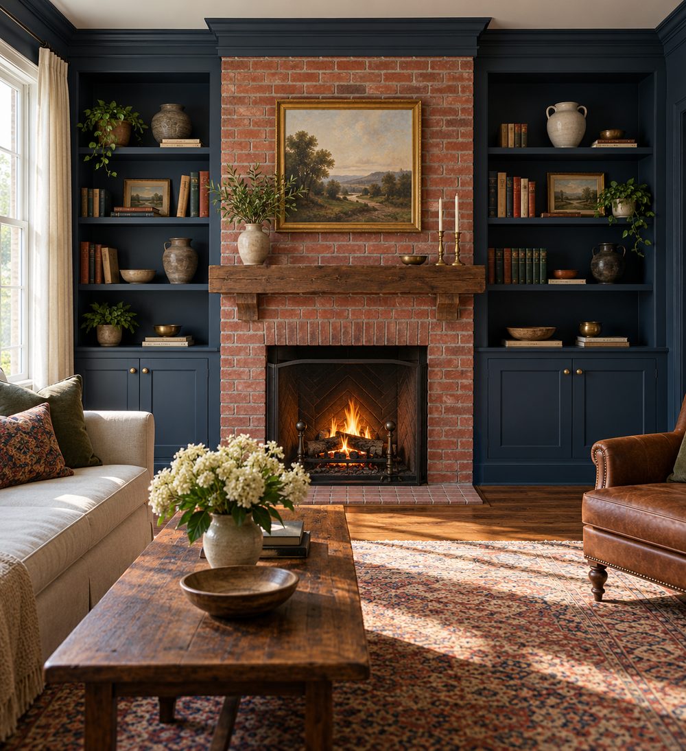 Navy blue built-in bookcases with inset lower cabinets on both sides of a red brick fireplace