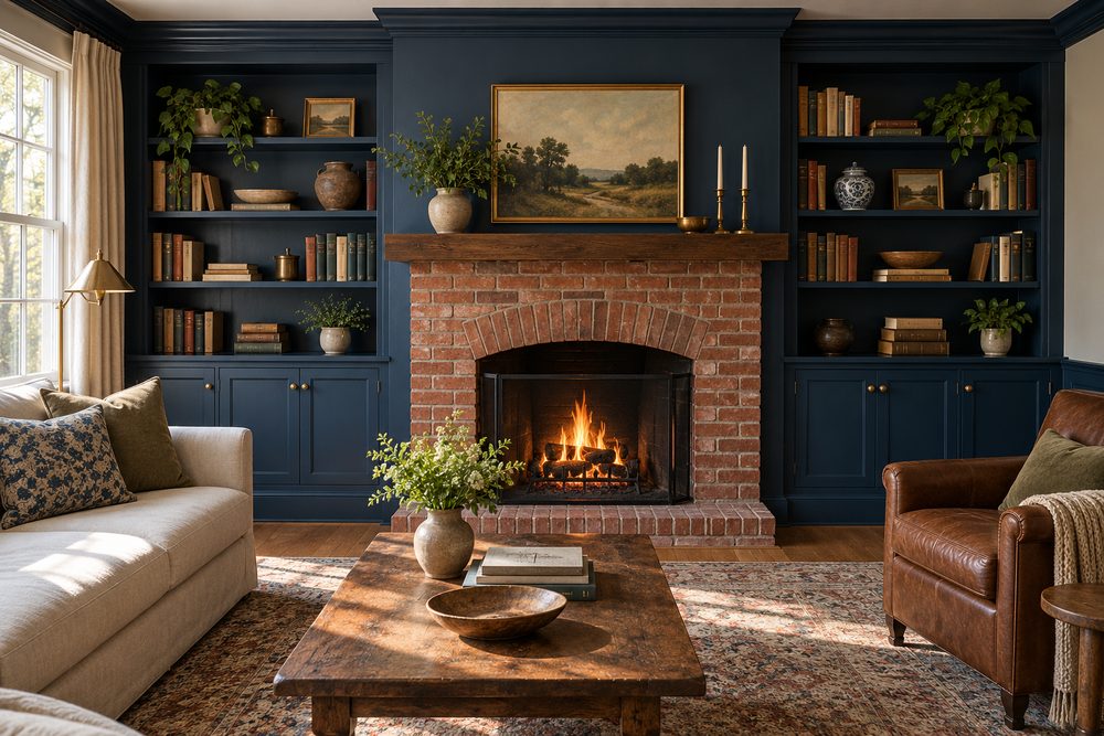 Living room with navy built-in bookcases on both sides of a brick fireplace