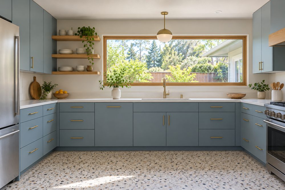 Renovated 1950s ranch kitchen with blue-gray slab cabinets, oak shelves and a long window