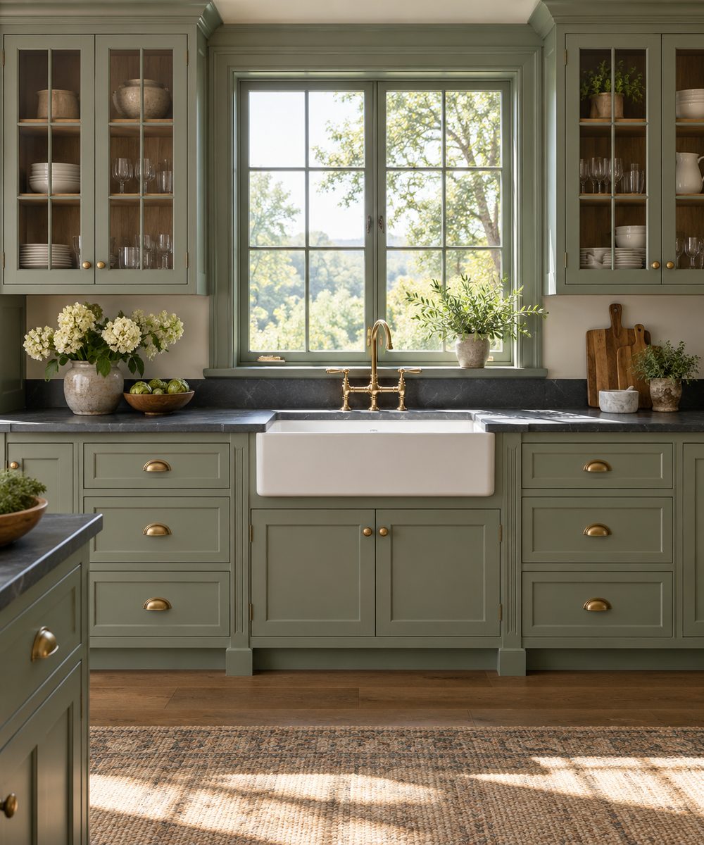 Sage green inset kitchen cabinets with glass-front uppers flanking a window over a white farmhouse sink