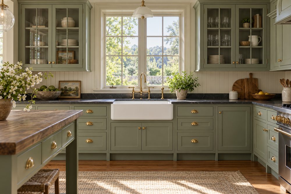 Wide view of a sage green inset kitchen with a farmhouse sink, soapstone counters and glass-front uppers