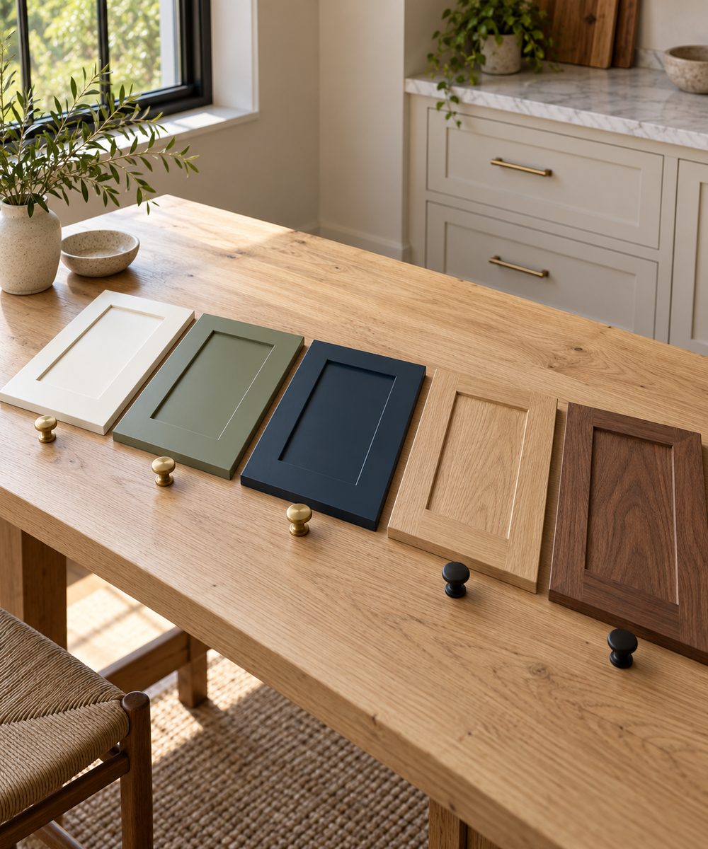 Five shaker cabinet door samples in white, sage, navy, white oak and walnut with knob samples