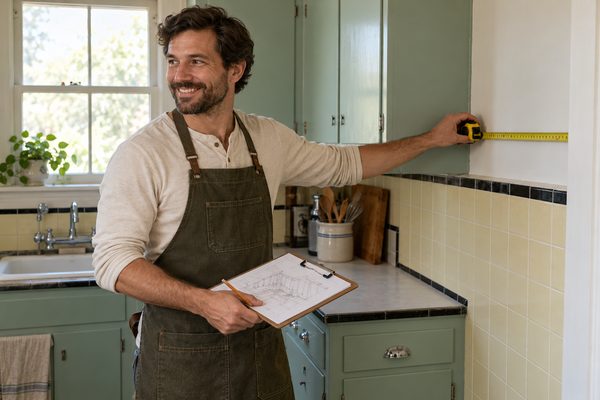 Smiling cabinetmaker measuring the wall of an older kitchen while holding a sketch on a clipboard