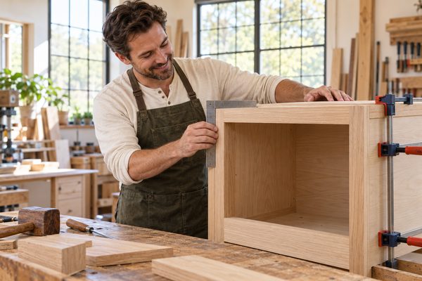 Smiling cabinetmaker in a green apron checking a white oak cabinet box with a steel square
