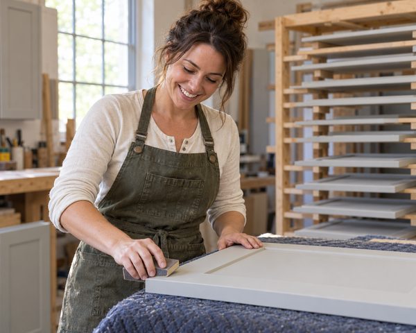 Smiling finisher hand-sanding the edge of a painted shaker door, with a drying rack of doors behind