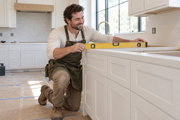 Smiling installer kneeling to check new white base cabinets with a long level