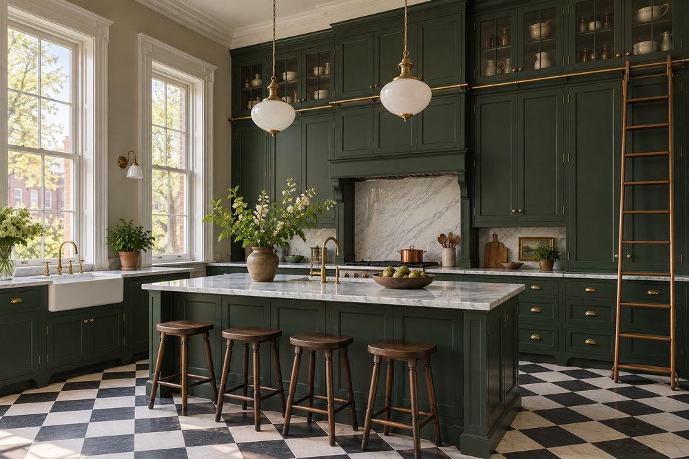 Tall Victorian kitchen with forest green inset cabinets to the ceiling and a brass-rail library ladder