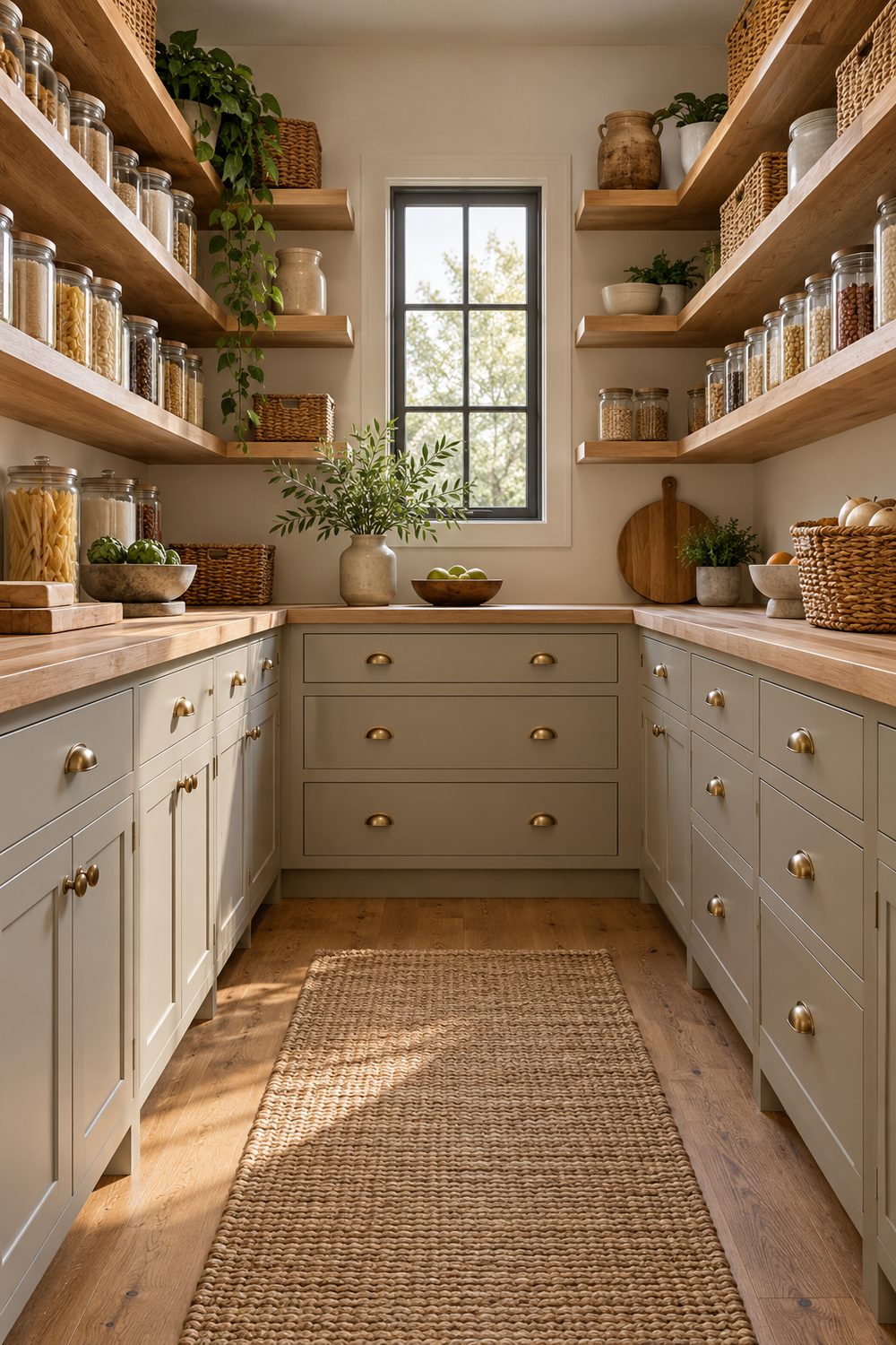 Walk-in pantry with putty painted lower cabinets, a butcher-block counter and open white oak shelves