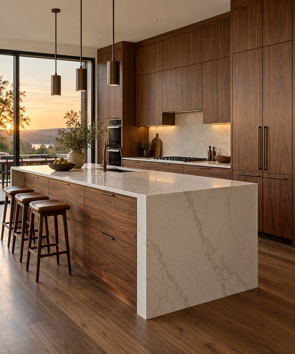 Modern kitchen with walnut slab-door cabinets and a white stone waterfall island at sunset