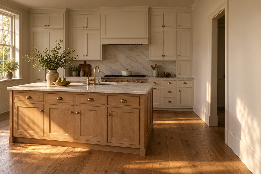 Sunlit kitchen with warm white inset shaker cabinets, aged brass hardware and a rift-sawn white oak island with a marble top