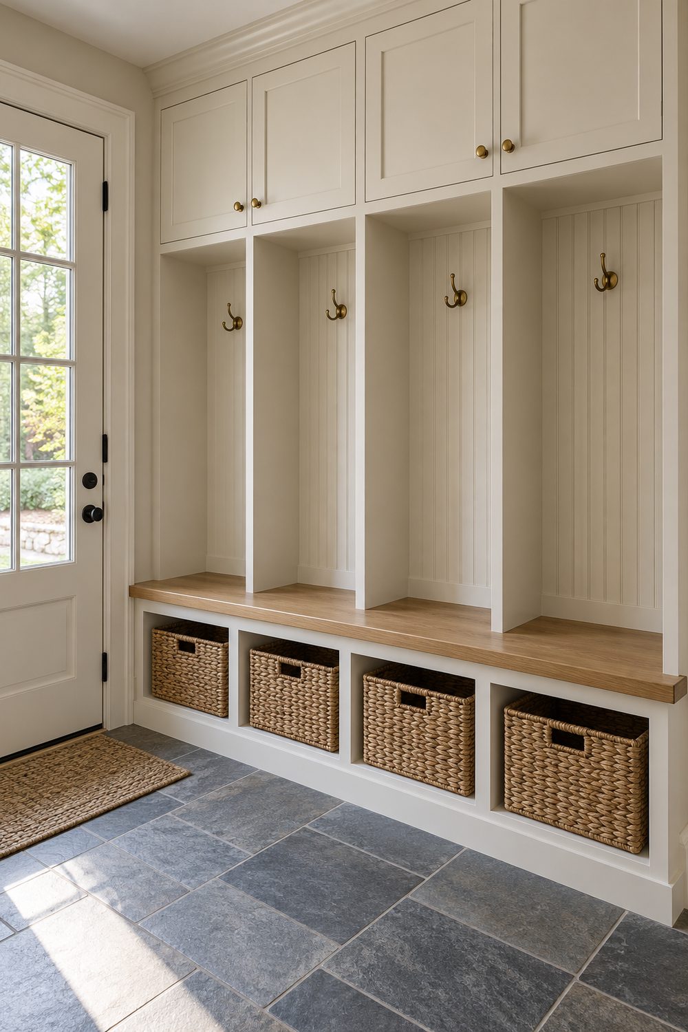 Warm white mudroom lockers with a built-in bench, brass hooks and woven baskets under the seat