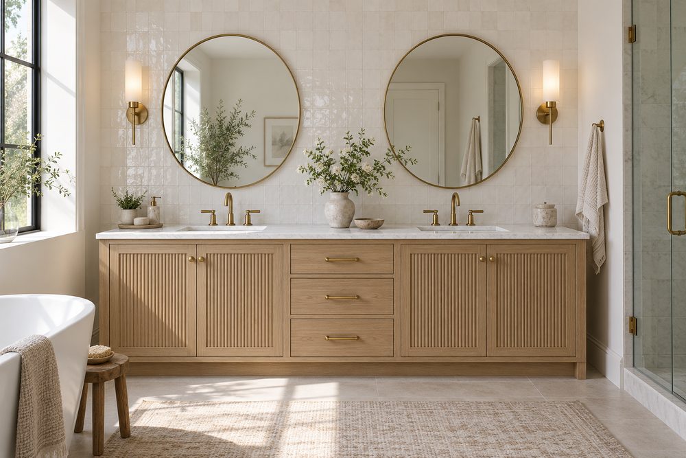 Bright bathroom with a fluted white oak double vanity, two round mirrors and a freestanding tub