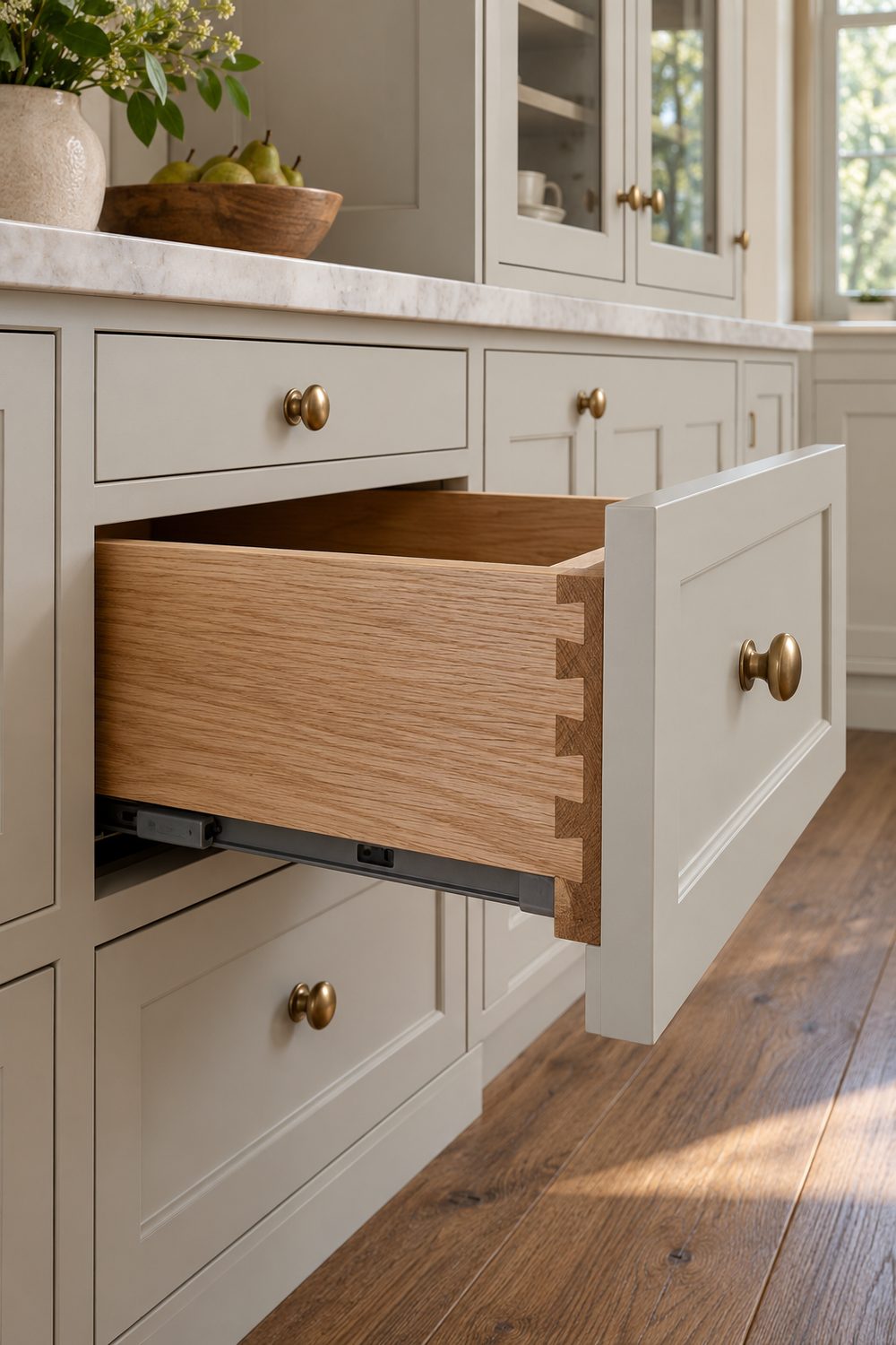 Open white oak drawer box with dovetail joints on a soft-close slide in a painted inset cabinet
