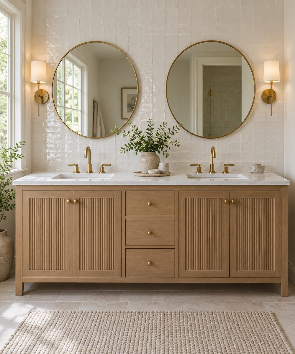 Furniture-style white oak double vanity with fluted doors, two round brass mirrors and wall sconces