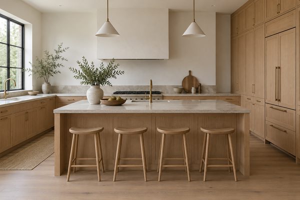 White oak kitchen with an island, pale stone counters and tall paneled oak cabinets